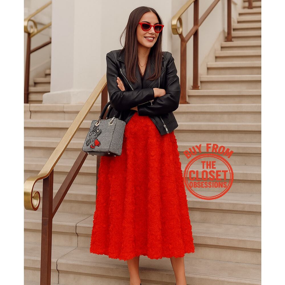 ZARA Floral Voluminous Midi Skirt NWT | Red Textured A-Line - Picture 8 of 16
